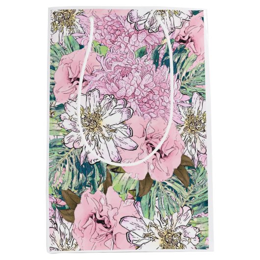 Cute Girly Blush Pink & White Floral Illustration Medium Cadeauzakje (Voorkant)
