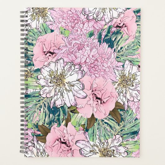 Cute Girly Blush Pink & White Floral Illustration Planner (Voorkant)