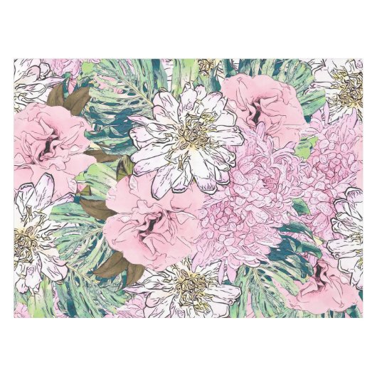 Cute Girly Blush Pink & White Floral Illustration Tafelkleed (Voorkant (Horizontaal))