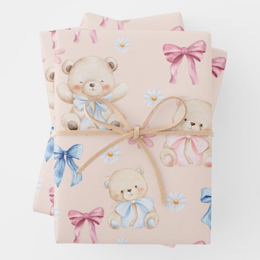 Cute Girly Bow Teddy Bears Seamless Pattern Inpakpapier Vel (In situ)