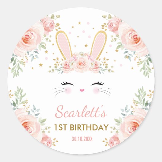 Cute Girly Bunny Blush Pink Floral Rabbit Party Ronde Sticker (Voorkant)