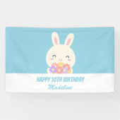 Cute Girly Cartoon Rabbit & Flowers Kids Birthday Spandoek (Horizontaal)