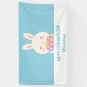 Cute Girly Cartoon Rabbit & Flowers Kids Birthday Spandoek (Verticaal)