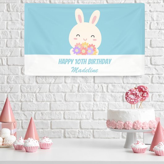 Cute Girly Cartoon Rabbit & Flowers Kids Birthday Spandoek