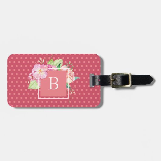 Cute Girly Chic Roze  Gebloemde Monogram Beginlett Bagagelabel (Voorkant horizontaal)