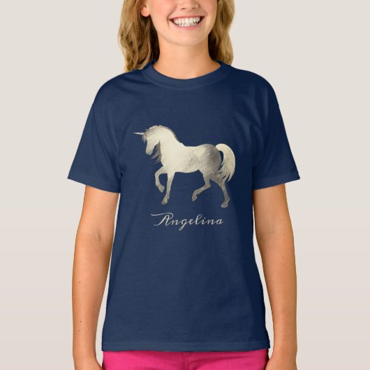 Cute Girly & Chic Silver Foil Unicorn Personalized T-shirt (Voorkant)
