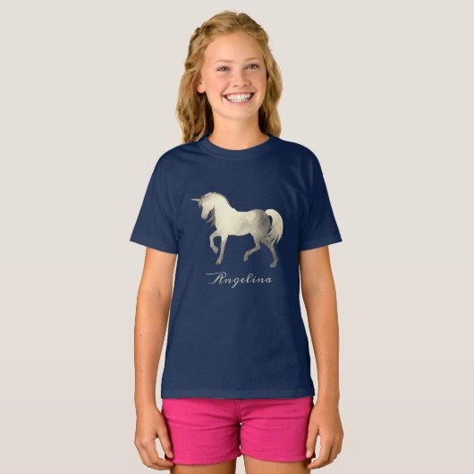 Cute Girly & Chic Silver Foil Unicorn Personalized T-shirt (Voorkant volledig)