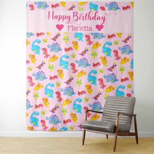 Cute Girly Colorful Pink Dinosaur Theme Birthday Wandkleed (In situ)
