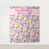Cute Girly Colorful Pink Dinosaur Theme Birthday Wandkleed (Voorkant)