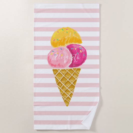 Cute Girly Cool Ice Cream Pink Stripes Strandlaken (Voorkant)