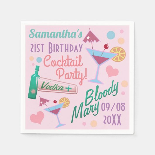 Cute Girly Custom 21st Birthday Cocktails Servet (Voorkant)