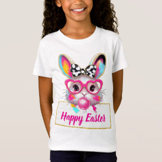 Cute Girly Easter Bunny Pink Heart Glasses Custom T-shirt