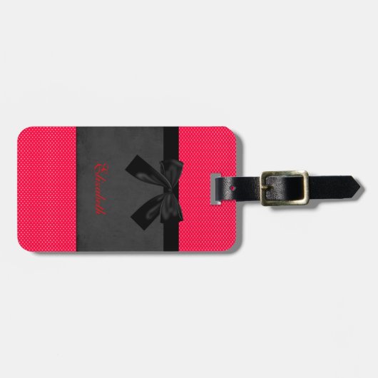 Cute Girly Elegant Red Polka Dots - Black Bow Bagagelabel (Voorkant horizontaal)