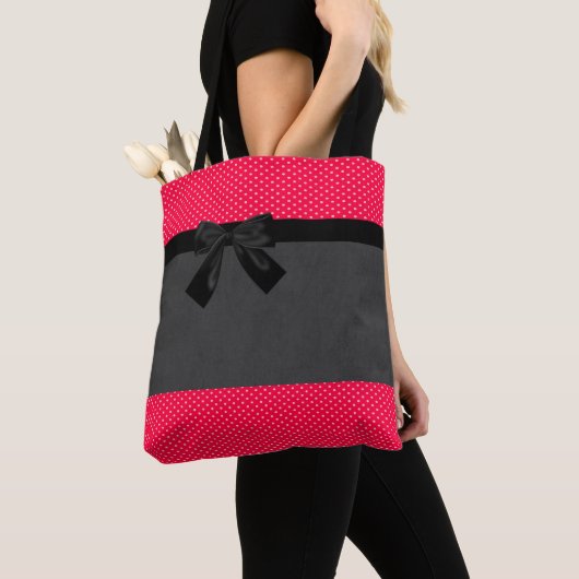 Cute Girly Elegant Red Polka Dots - Black Bow Tote Bag (Dichtbij)