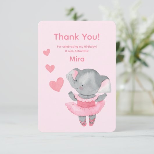 Cute Girly Elephant Ballerina Birthday Party  Bedankkaart (Staand voorkant)