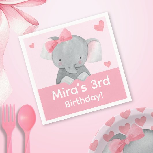 Cute Girly Elephant Pink Bow Birthday Party  Servet