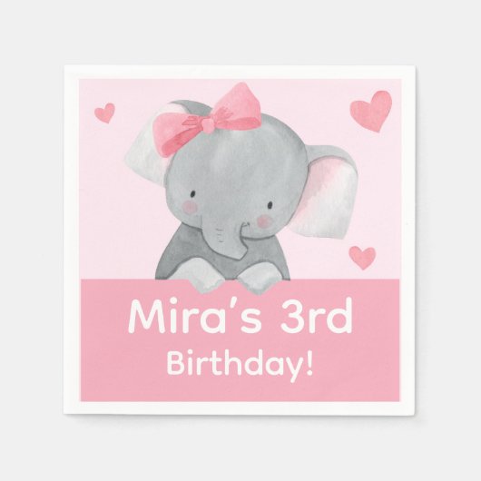 Cute Girly Elephant Pink Bow Birthday Party Servet (Voorkant)