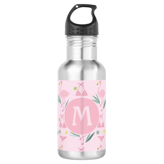 Cute Girly Flamingo en Bikini Pink Monogram Waterfles (Voorkant)