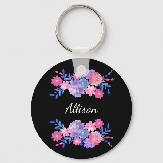 Cute Girly Floral Custom Monogram Key chain Sleutelhanger (Voorkant)