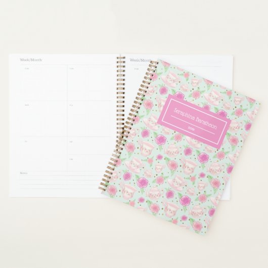 Cute Girly Floral Tea Cups Pattern Personalized Planner (Display)