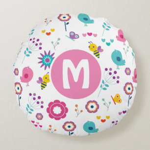 Cute Girly Flowers and Birds Pattern Personalized Rond Kussen