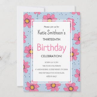 Cute Girly Flowers Pastel Pink & Blue Birthday Inv Kaart
