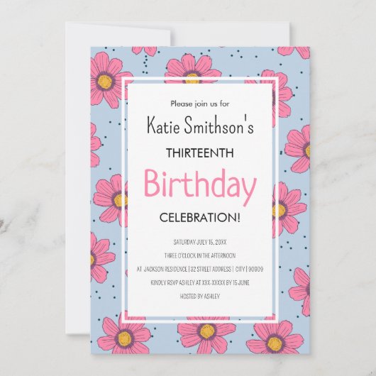 Cute Girly Flowers Pastel Pink & Blue Birthday Inv Kaart (Voorkant)