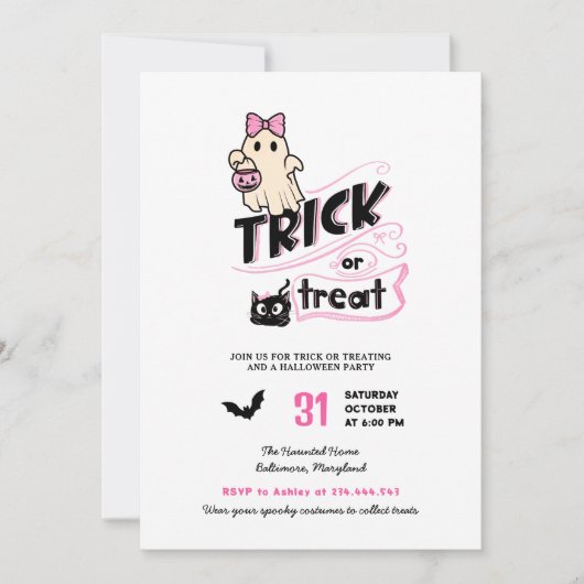 Cute Girly Ghost Trick or Treat Halloween Cat Pink Kaart (Voorkant)