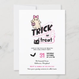 Cute Girly Ghost Trick or Treat Halloween Cat Pink Kaart