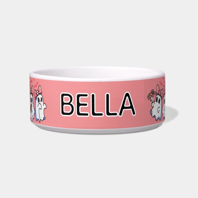 Cute Girly Ghosts with Bows Halloween Cat Feeding Voerbakje (Voorkant)