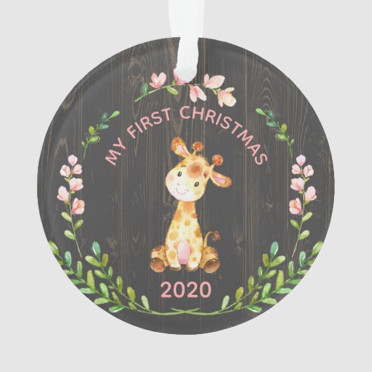 Cute Girly Giraffe Baby's Eerste Kerstmis Ornament (achterkant)