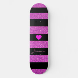 Cute Girly Glitter Pink Black Stripes Aangepaste n Persoonlijk Skateboard