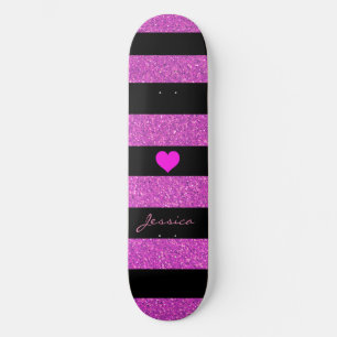 Cute Girly Glitter Pink Black Stripes Aangepaste n Persoonlijk Skateboard