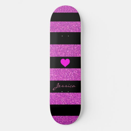 Cute Girly Glitter Pink Black Stripes Aangepaste n Persoonlijk Skateboard (Voorkant)
