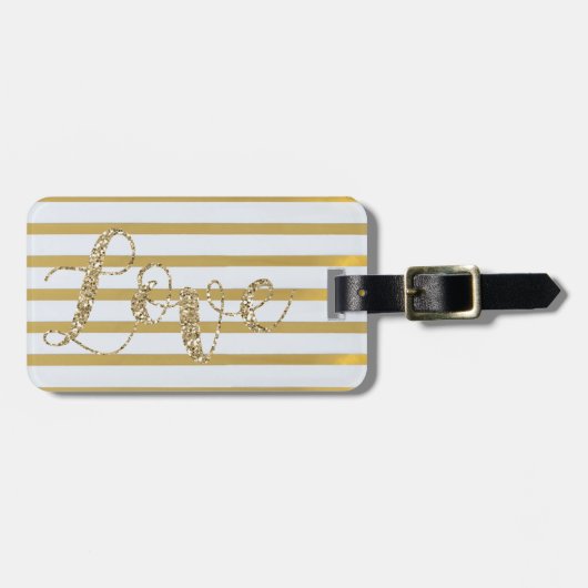 Cute Girly Gold Glitter, Striped, Love-Personalize Bagagelabel (Voorkant horizontaal)