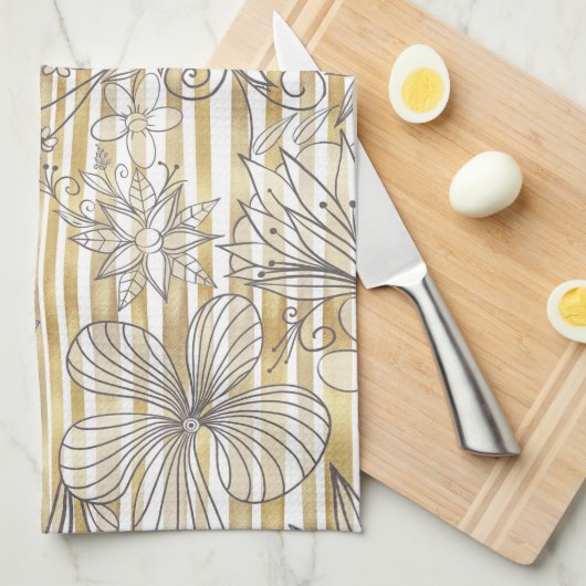 Cute Girly Gray Floral Doodles Gold Stripes Design Theedoek (Quarter Fold)