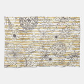 Cute Girly Gray Floral Doodles Gold Stripes Design Theedoek (Horizontaal)