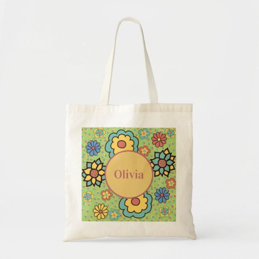 Cute Girly Green Yellow Blue Boho Flowers Tote Bag (Voorkant)