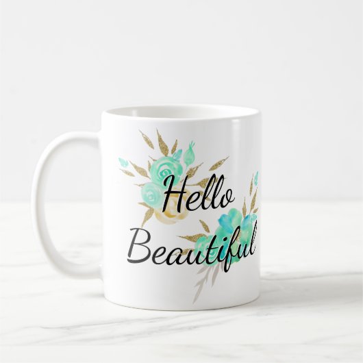 Cute Girly Hallo Beauful Gold & Blue Floral Koffiemok (Links)