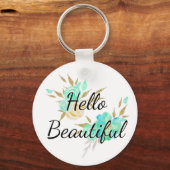 Cute Girly Hallo Beauful Gold & Blue Floral Sleutelhanger (Voorkant)