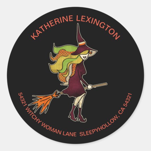 Cute Girly Halloween Witch Broomstick Adres Ronde Sticker (Voorkant)