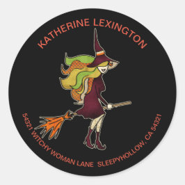 Cute Girly Halloween Witch Broomstick Adres Ronde Sticker