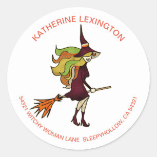Cute Girly Halloween Witch Broomstick Adres Ronde Sticker