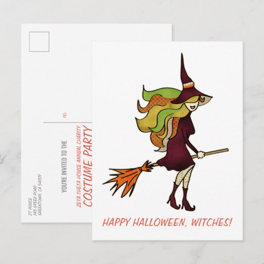 Cute Girly Happy Halloween Witch Costume Uitnodiging Briefkaart (Voorkant / Achterkant)