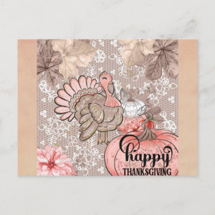 Cute Girly Happy Thanksgiving Turkey Briefkaart