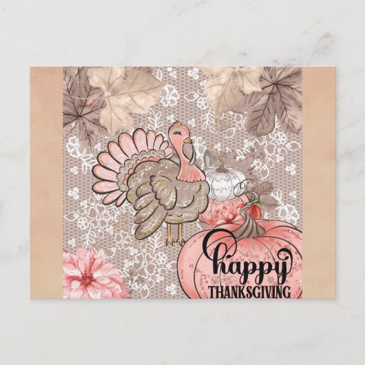Cute Girly Happy Thanksgiving Turkey Briefkaart (Voorkant)