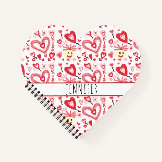 Cute Girly Heart Doodle Red Pink, speciaal geperso Notitieboek (Voorkant)