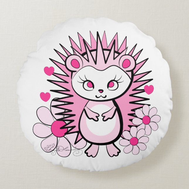 Cute Girly Hedegel Pink Rond Kussen (Voorkant)
