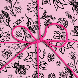 Cute Girly Honey Bees Bloemmotief Pastelroze Cadeaupapier