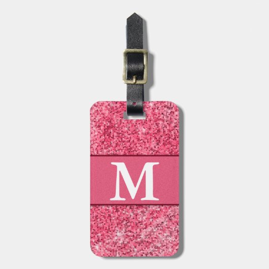 Cute Girly Hot Pink Red Glitter Monogram Contact Bagagelabel (Voorkant verticaal)